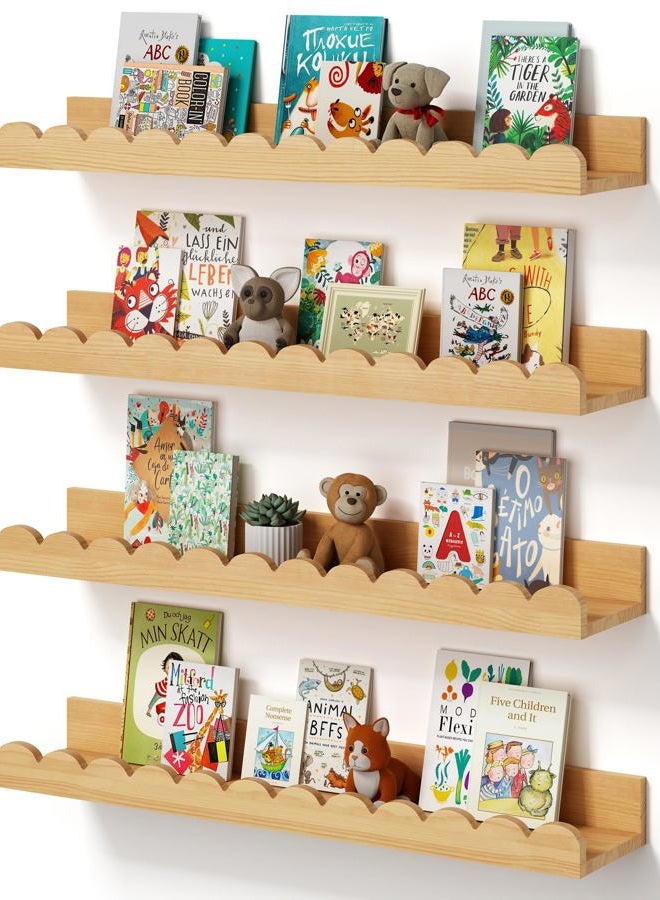 Conamily Scalloped Baby Book Shelf,Floating Shelves for Wall Set of 4 Natural Solid Pine Wood Nursery Bookshelves with Wave Lip for Bedroom Kids, Toddler Room, Baby Room, Nursery Decor(Natural,40cm) - Image 1