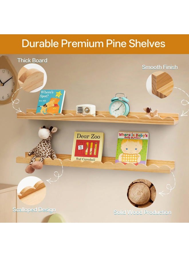 Conamily Scalloped Baby Book Shelf,Floating Shelves for Wall Set of 4 Natural Solid Pine Wood Nursery Bookshelves with Wave Lip for Bedroom Kids, Toddler Room, Baby Room, Nursery Decor(Natural,40cm) - Image 4