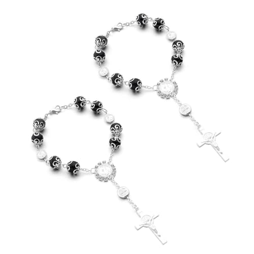 Yourkar 2 PCS Car Rosary for Rearview Mirror Auto Rosary Religious Car Mirror Hanging Decoration Personalized Rearview Cross Blessing Beads Decoration Universal Car Accessories Black - Image 1