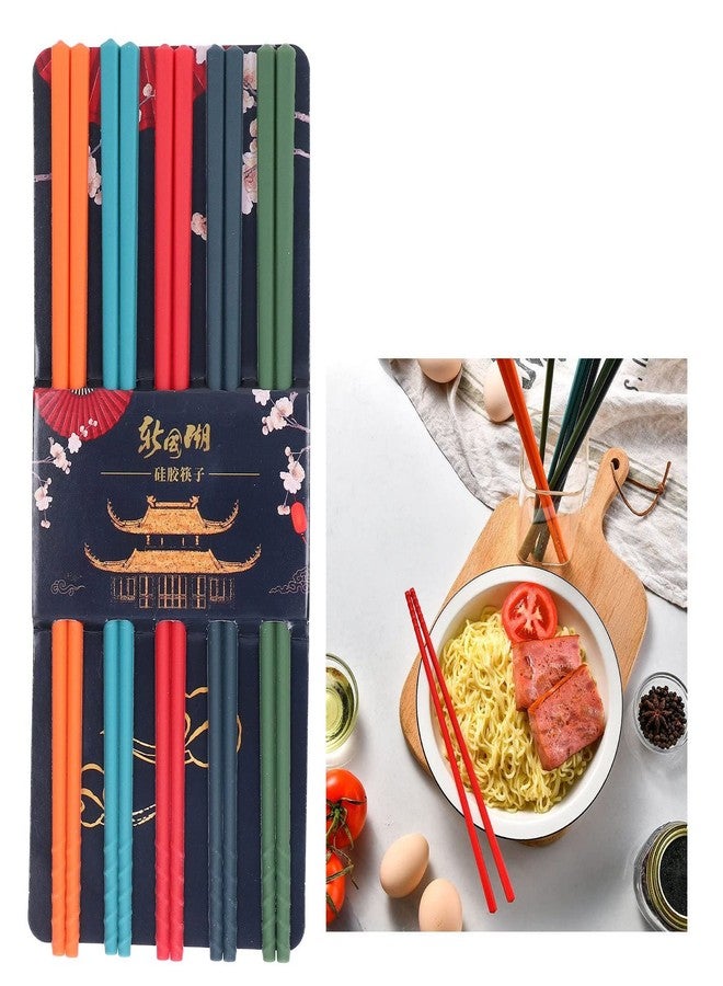 Hopoint 5 Pairs of Reusable Chinese Silicone Chopsticks with Classic Style Lightweight Hand Carved design. Includes Silicone Non Slip Stainless Steel Tableware for Kitchen Dining Tableware - Image 3
