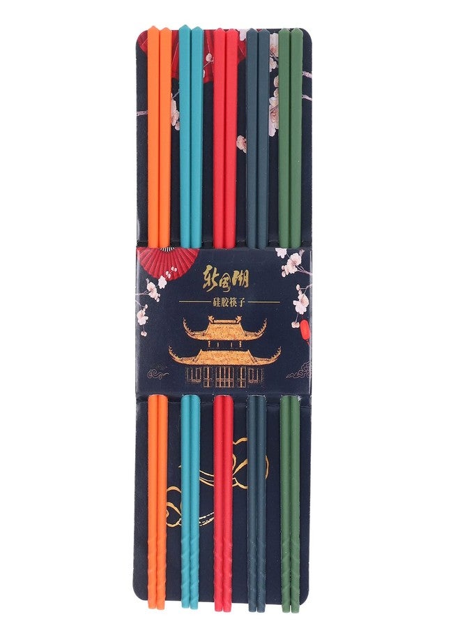 Hopoint 5 Pairs of Reusable Chinese Silicone Chopsticks with Classic Style Lightweight Hand Carved design. Includes Silicone Non Slip Stainless Steel Tableware for Kitchen Dining Tableware - Image 1