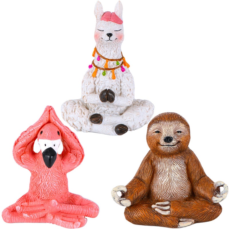 Mood Lab Miniature Yoga Figurines Set - Funny Mini Statue Kit of 3 pcs - Flamingo, Lama & Sloth in Meditation Pose - Fairy Garden Decor - Image 1
