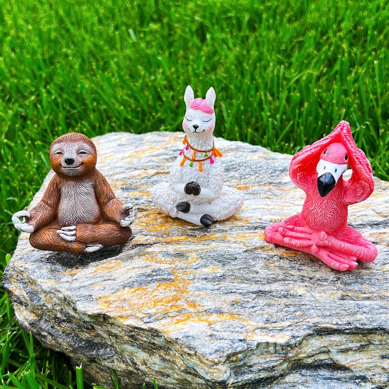Mood Lab Miniature Yoga Figurines Set - Funny Mini Statue Kit of 3 pcs - Flamingo, Lama & Sloth in Meditation Pose - Fairy Garden Decor - Image 4