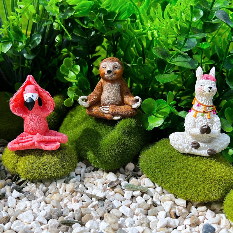 Mood Lab Miniature Yoga Figurines Set - Funny Mini Statue Kit of 3 pcs - Flamingo, Lama & Sloth in Meditation Pose - Fairy Garden Decor - Image 5