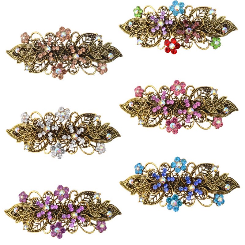 TCOTBE Hair Clips 6 Pcs Vintage Flower Metal French Barrettes with Crystal Rhinestones Sparkly Glitter Decorative Hair Clips Retro Hair Pins and Snap Bridal Hair Accessories