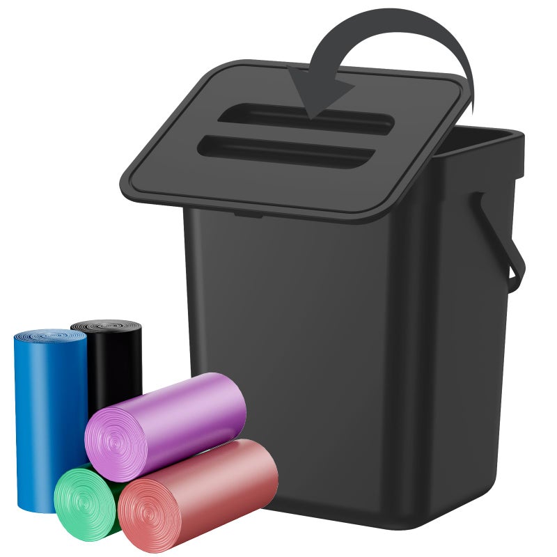 CXGFVRE Compost Bin Kitchen, Includes 100 Trash Bags, Hanging Trash Can with Lid, Features Pet-Proof, Odor-Proof, and Quiet Opening/Closing. Suitable for Bathrooms/Bedrooms/Offices (Black, 0.8Gal/3L) - Image 1