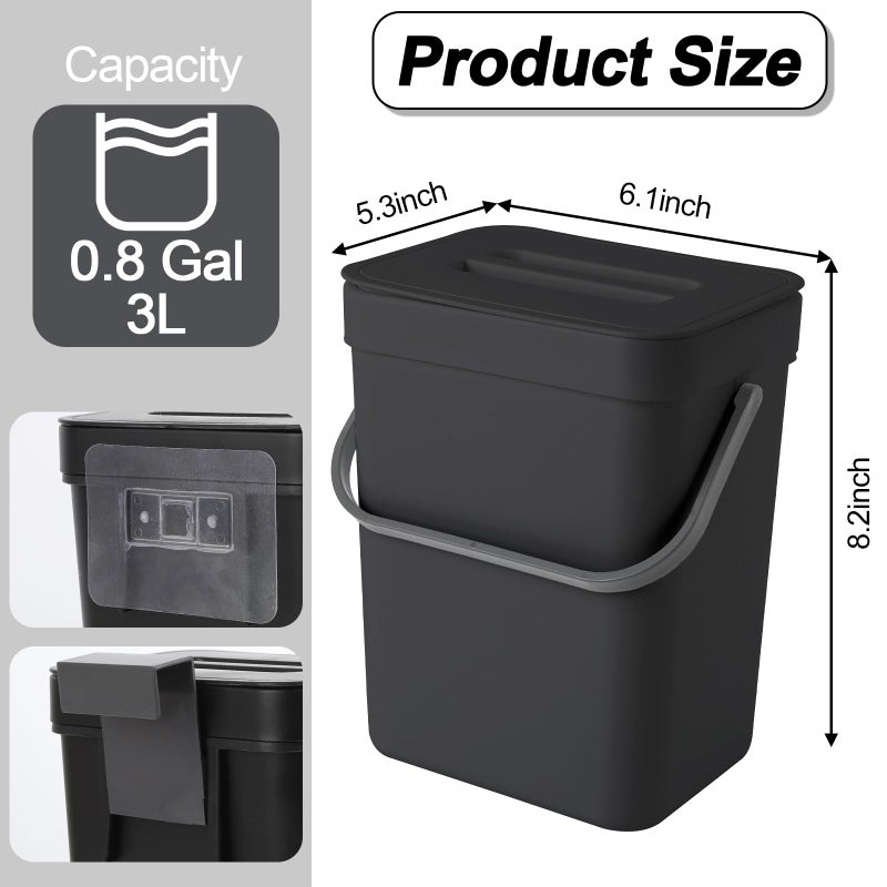 CXGFVRE Compost Bin Kitchen, Includes 100 Trash Bags, Hanging Trash Can with Lid, Features Pet-Proof, Odor-Proof, and Quiet Opening/Closing. Suitable for Bathrooms/Bedrooms/Offices (Black, 0.8Gal/3L) - Image 2