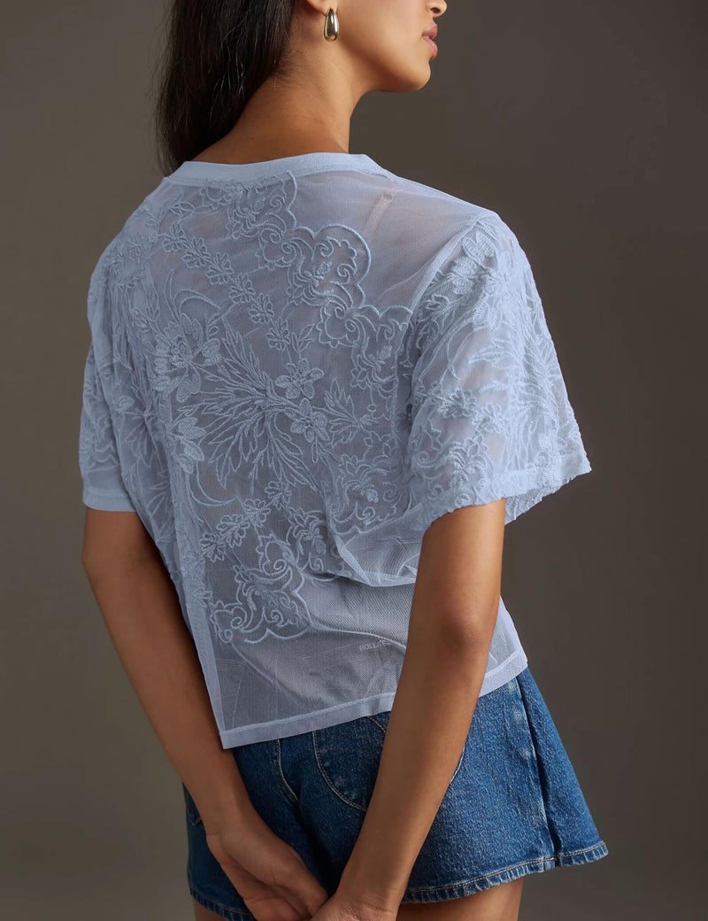 OPCAKM Lace Tops for Women Sexy Short Sleeve Mesh Tops Embroidered Sheer Lace T-Shirts See Through Blouse(Blue-L) - Image 3