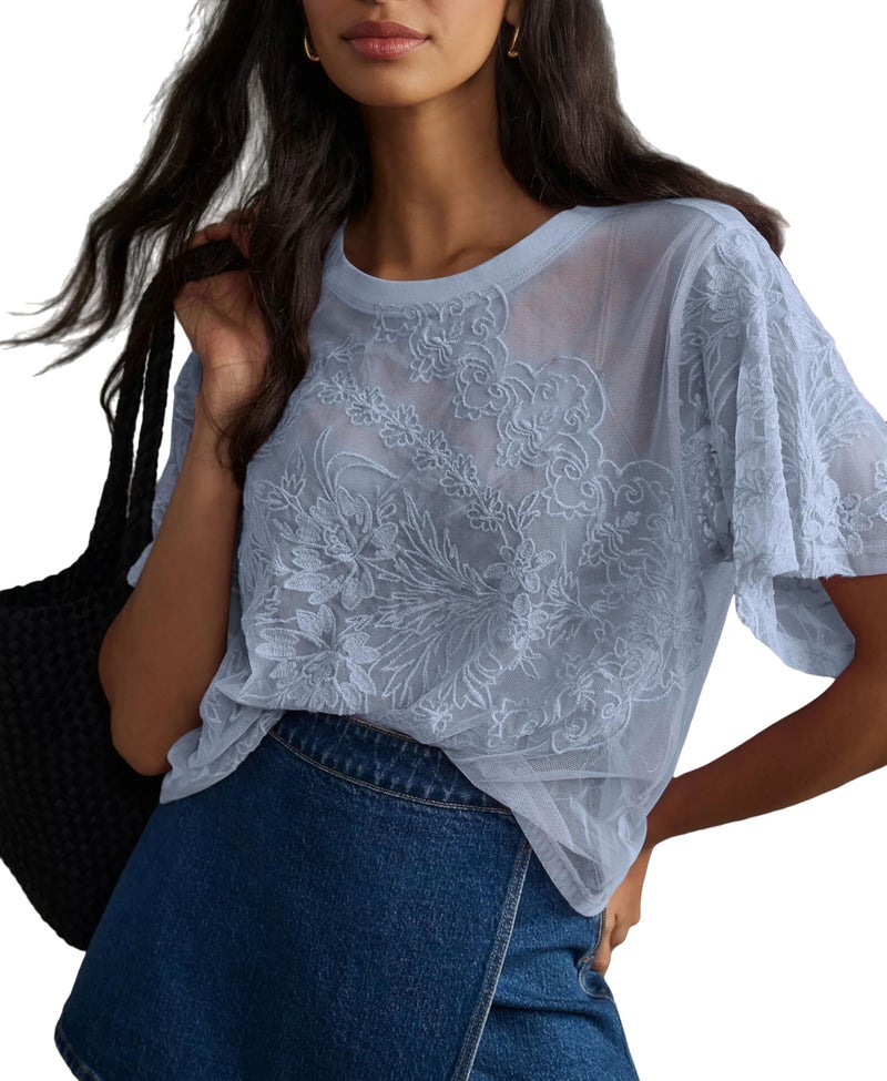 OPCAKM Lace Tops for Women Sexy Short Sleeve Mesh Tops Embroidered Sheer Lace T-Shirts See Through Blouse(Blue-L) - Image 1