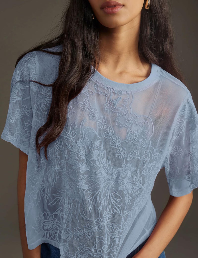 OPCAKM Lace Tops for Women Sexy Short Sleeve Mesh Tops Embroidered Sheer Lace T-Shirts See Through Blouse(Blue-L) - Image 2