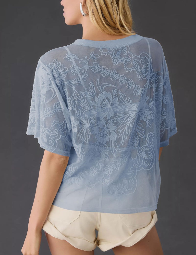 OPCAKM Lace Tops for Women Sexy Short Sleeve Mesh Tops Embroidered Sheer Lace T-Shirts See Through Blouse(Blue-L) - Image 4