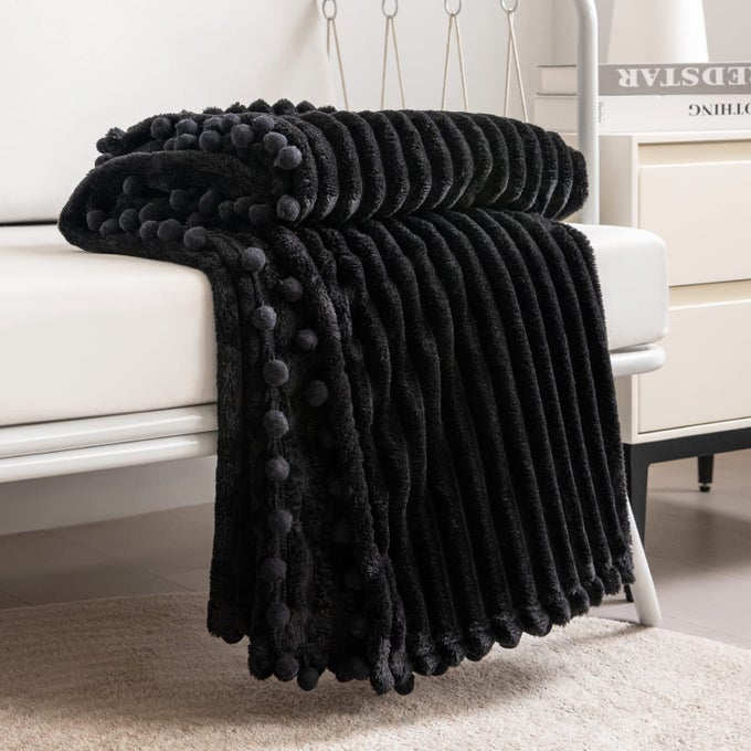 FLEECE BLANKET TWIN SIZE 60X80 BLACK SOFT PLUSH FLUFFY FUZZY WARM COZY PERFECT THROW FOR COUCH BED SOFA WITH POMPOM FRINGE FLANNEL BLANKET