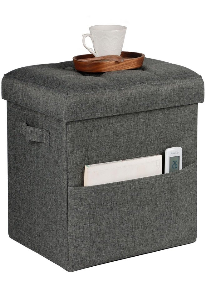Bsketa Storage Ottoman Foot Rest, Folding Linen Cotton Ottoman with Storage with Side Pockets and Handle, Foot Stool for Lounge, Study Corner, Home Office, 17x17x13 Inches, Dark Gray - Image 1