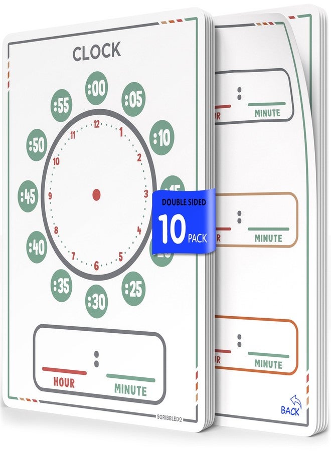 Scribbledo 10 Pack Telling Time Teaching Sheets - 9'x12' Dry Erase Learning Clocks for Kids Homeschooling Supplies - Image 1