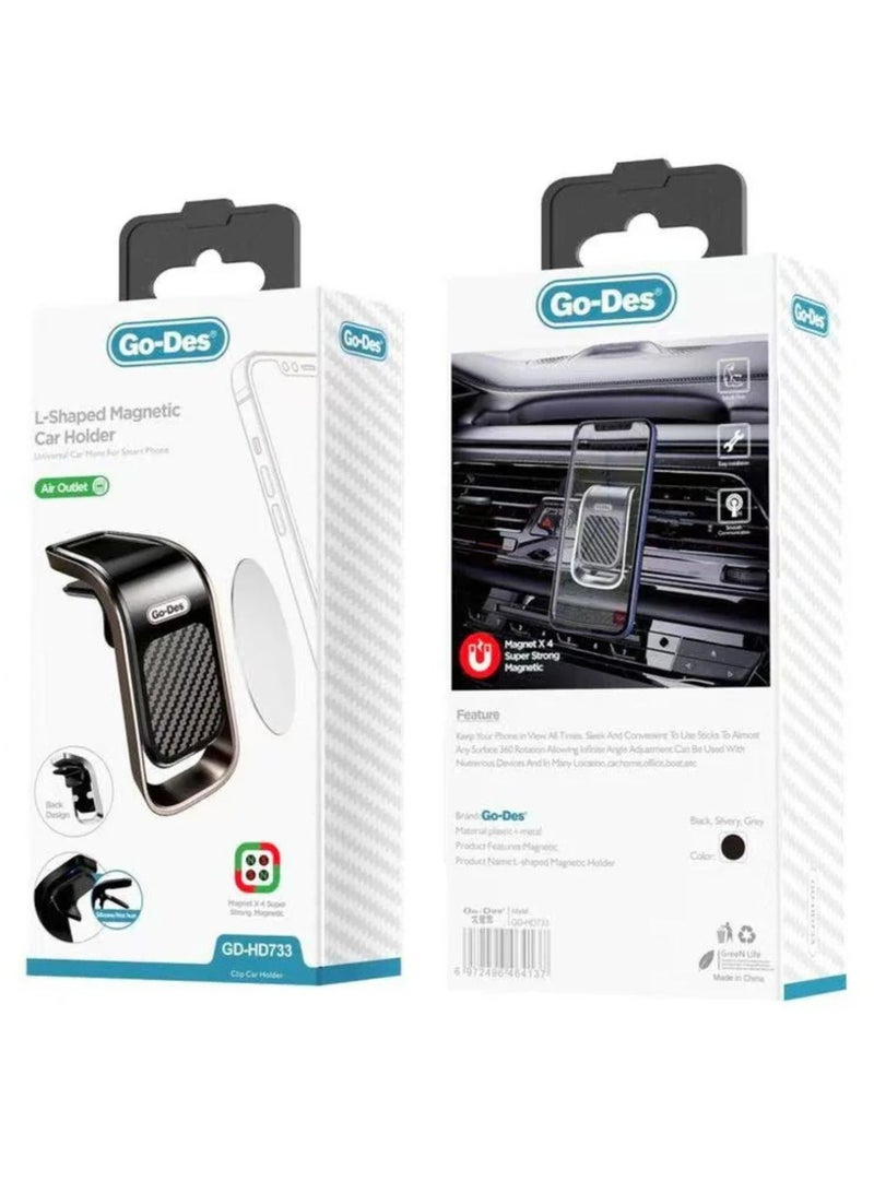 GO-DES L-Type Strong Magnets Car Air Vent Magnetic Mobile Phone Stand Holder Cell Phone Mount Bracket- Black - Image 2