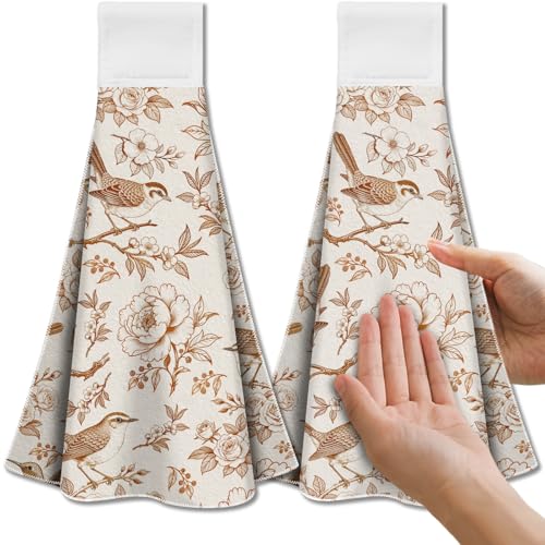 CUTHOLLOW Orange Flower and Bird Hanging Kitchen Towels with Loop, Set of 2 - Soft & Super Absorbent Microfiber Decorative Hanging Dish & Hand Towel, Tea Coffee Towel for Kitchen Bathroom Oven Handle - Image 1