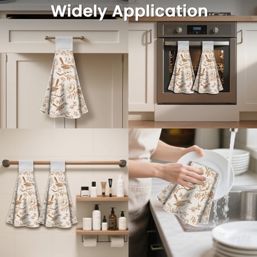 CUTHOLLOW Orange Flower and Bird Hanging Kitchen Towels with Loop, Set of 2 - Soft & Super Absorbent Microfiber Decorative Hanging Dish & Hand Towel, Tea Coffee Towel for Kitchen Bathroom Oven Handle - Image 4