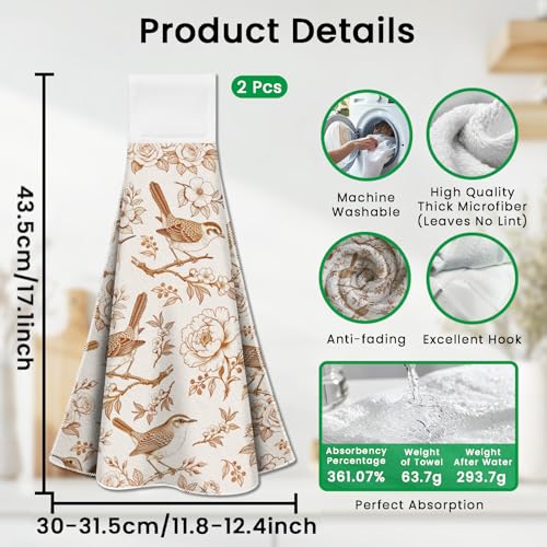 CUTHOLLOW Orange Flower and Bird Hanging Kitchen Towels with Loop, Set of 2 - Soft & Super Absorbent Microfiber Decorative Hanging Dish & Hand Towel, Tea Coffee Towel for Kitchen Bathroom Oven Handle - Image 2
