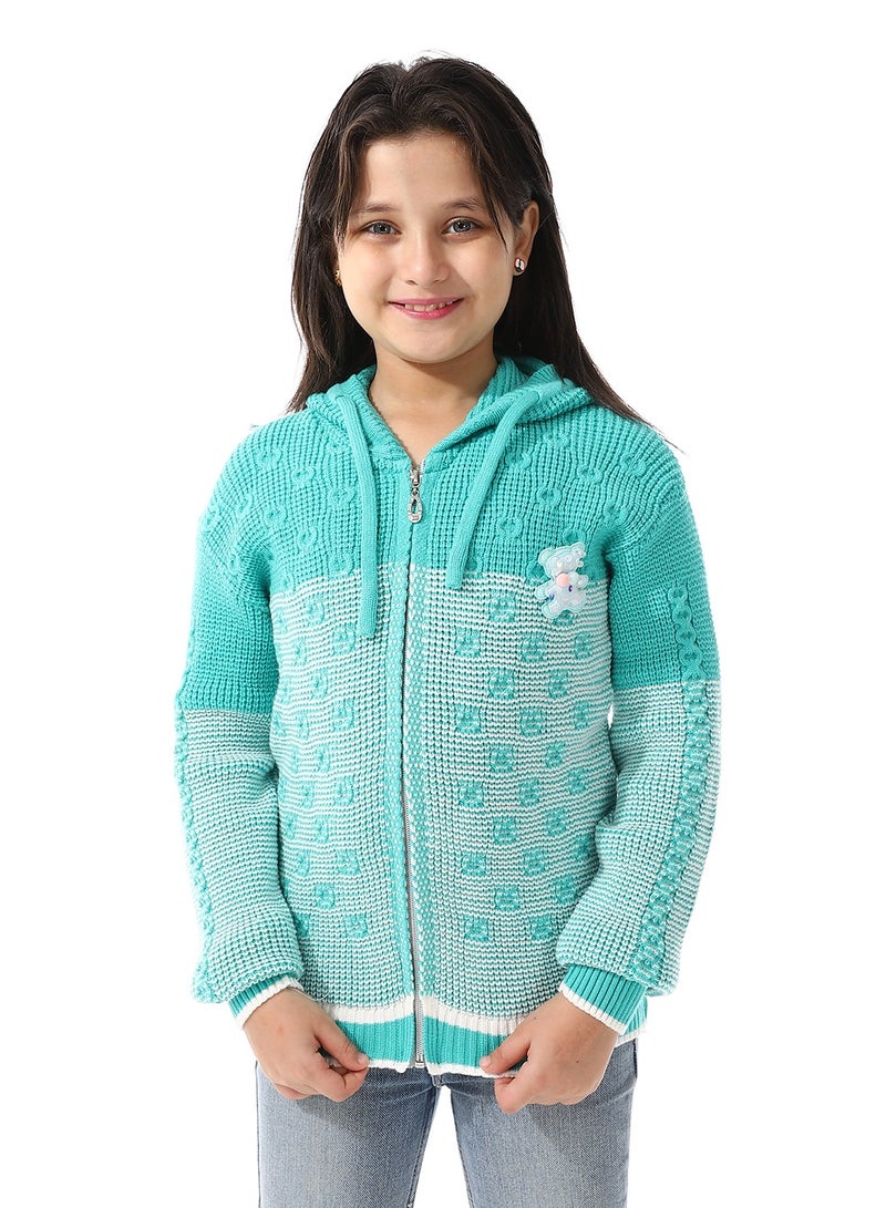 Andora Regular Fit Girls Hooded Sweater_ Aqua Green & White - Image 1