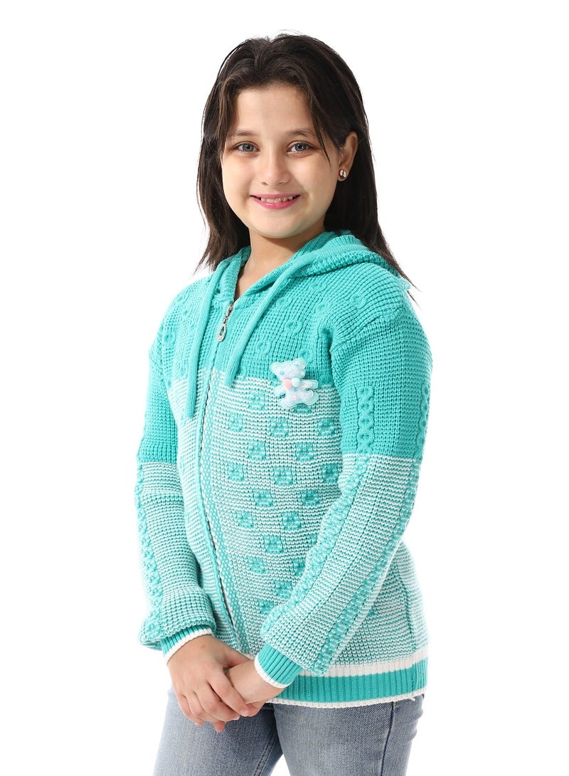 Andora Regular Fit Girls Hooded Sweater_ Aqua Green & White - Image 2