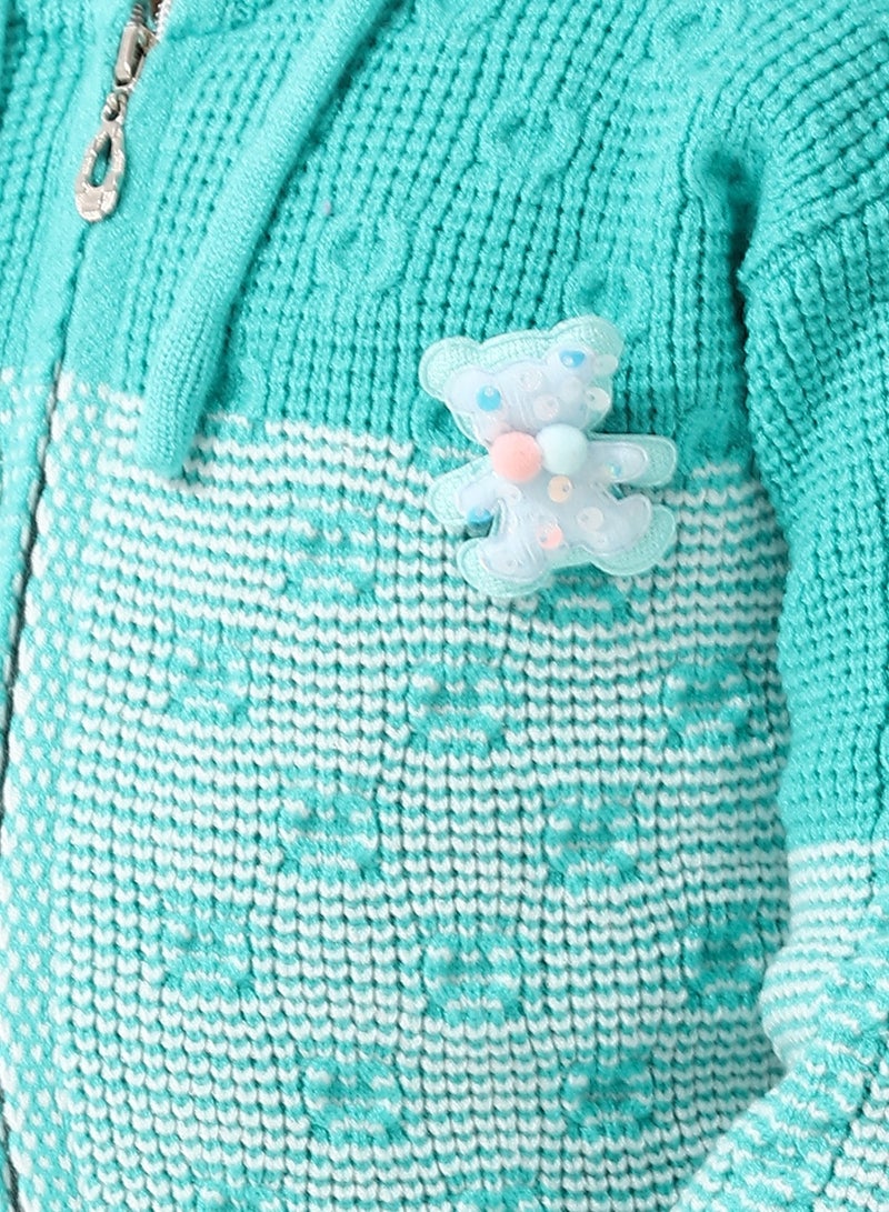 Andora Regular Fit Girls Hooded Sweater_ Aqua Green & White - Image 4