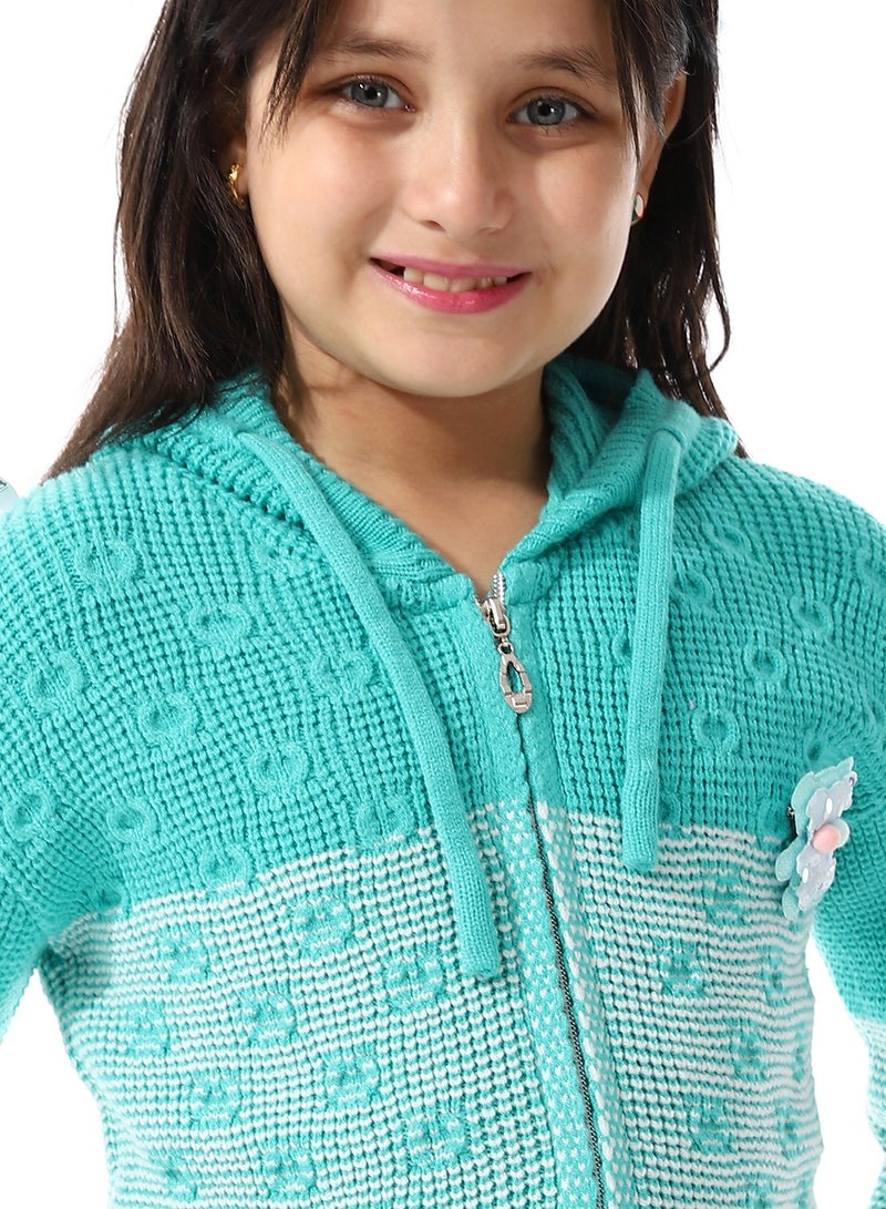 Andora Regular Fit Girls Hooded Sweater_ Aqua Green & White - Image 5