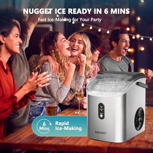 EUHOMY Nugget Ice Maker Countertop with Handle, Ready in 6 Mins, 34lbs Per Day, Removable Top Cover, Auto-Cleaning, Portable Sonic Ice Maker with Basket and Scoop, for Home/Party/RV/Camping (Silver) - Image 5