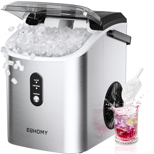 EUHOMY Nugget Ice Maker Countertop with Handle, Ready in 6 Mins, 34lbs Per Day, Removable Top Cover, Auto-Cleaning, Portable Sonic Ice Maker with Basket and Scoop, for Home/Party/RV/Camping (Silver) - Image 1