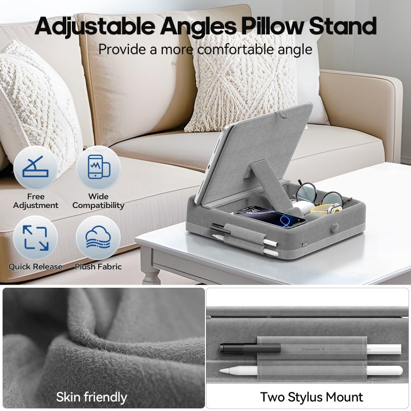 KDD Tablet Pillow Stand with Storage, Foldable iPad Holder for Bed, Lap and Desk, Angle Adjustable Soft Pad Dock with Stylus Mount Compatible with Ipad Pro 12.9, 10.5, 11, Air, Mini, Phones, Books - Image 4