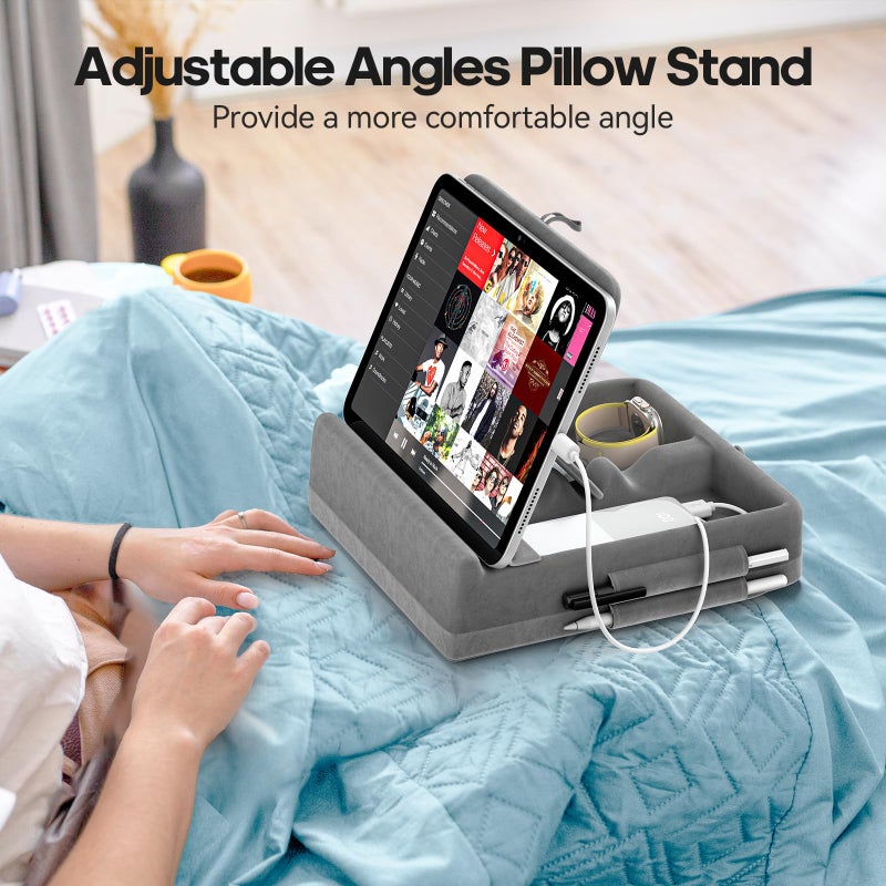 KDD Tablet Pillow Stand with Storage, Foldable iPad Holder for Bed, Lap and Desk, Angle Adjustable Soft Pad Dock with Stylus Mount Compatible with Ipad Pro 12.9, 10.5, 11, Air, Mini, Phones, Books - Image 2