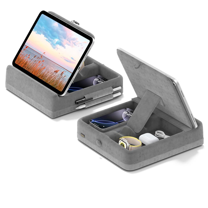 KDD Tablet Pillow Stand with Storage, Foldable iPad Holder for Bed, Lap and Desk, Angle Adjustable Soft Pad Dock with Stylus Mount Compatible with Ipad Pro 12.9, 10.5, 11, Air, Mini, Phones, Books - Image 1