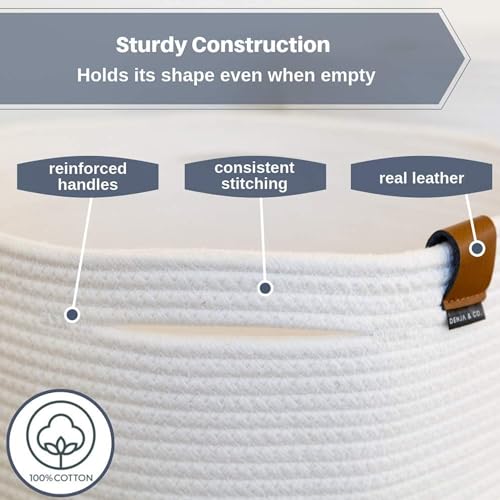 DENJA & CO Extra Large Blanket Basket for Living Room - White Farmhouse Woven Baskets for Storage | Cotton Rope Large Baskets for Blankets, Pillows, Toys, or Laundry | Ivory White (21" Wide x 13.8" Tall) - Image 3