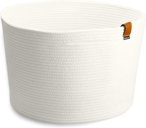 DENJA & CO Extra Large Blanket Basket for Living Room - White Farmhouse Woven Baskets for Storage | Cotton Rope Large Baskets for Blankets, Pillows, Toys, or Laundry | Ivory White (21" Wide x 13.8" Tall) - Image 1