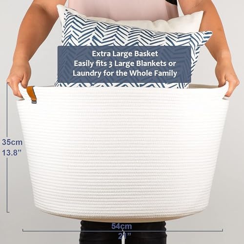 DENJA & CO Extra Large Blanket Basket for Living Room - White Farmhouse Woven Baskets for Storage | Cotton Rope Large Baskets for Blankets, Pillows, Toys, or Laundry | Ivory White (21" Wide x 13.8" Tall) - Image 4