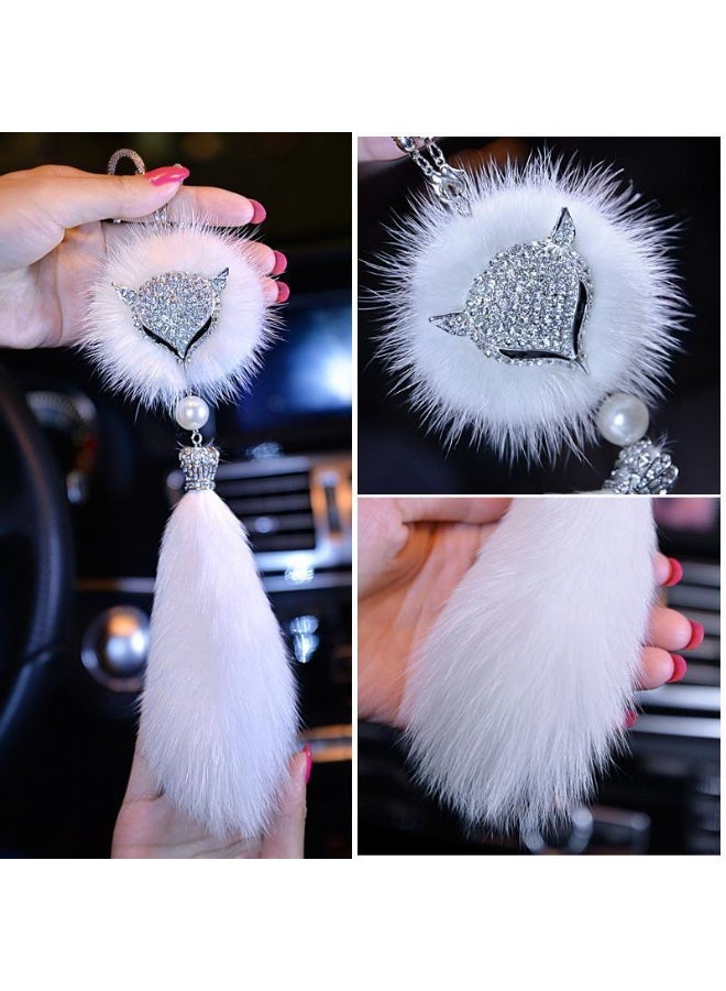 Car Decor Automotive Interior Rearview Mirrors Rearview Mirror Pendant Enchanting White Fox Diamond-Encrusted Plush Pendant Car Accessories Creative Pendant Car Hanging - Image 3