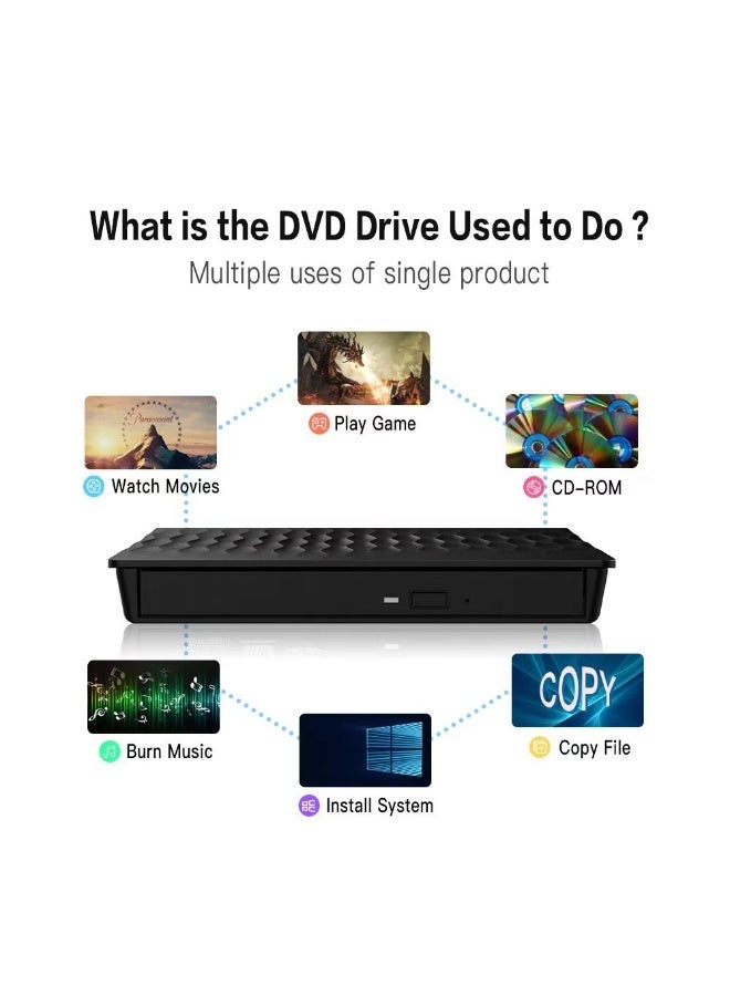 Captaintech Ultra-Slim External DVD Drive - Dual USB 3.0 & USB-C High-Speed CD/DVD Burner & Reader for Laptop, Desktop, and MacBook - Image 3