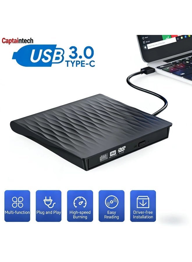 Captaintech Ultra-Slim External DVD Drive - Dual USB 3.0 & USB-C High-Speed CD/DVD Burner & Reader for Laptop, Desktop, and MacBook - Image 1