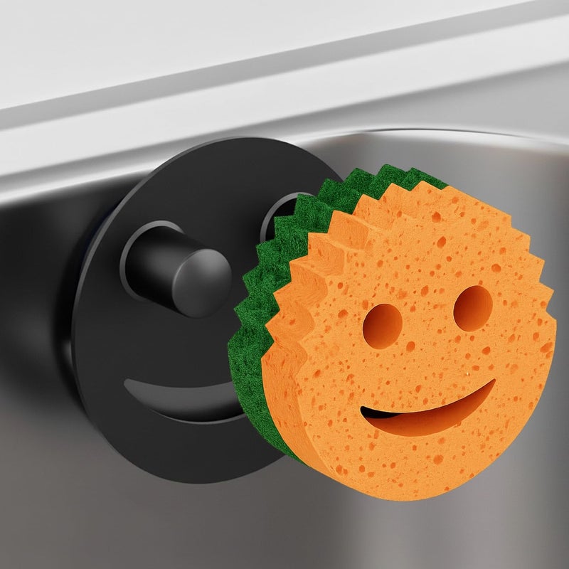 BekPooQ Stainless Steel Smiley Face Sponge Holder with Adhesive Hook - No Falling Risk, Rustproof Sink Sponge Holder for Kitchen, Bathroom&RV Apartment, Keep Happy Face Sponges Dry and Odor Free, Black - Image 1