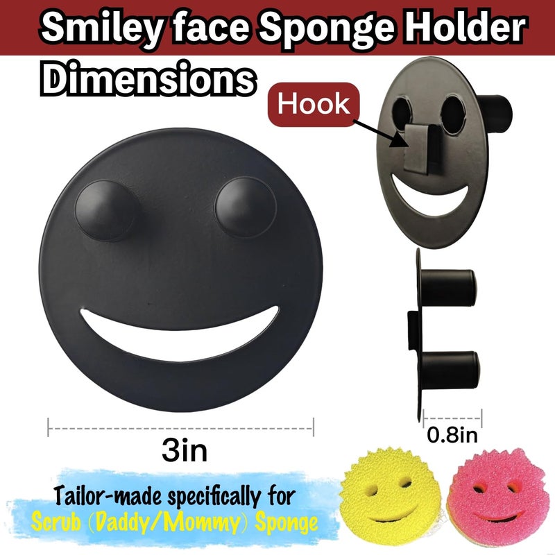 BekPooQ Stainless Steel Smiley Face Sponge Holder with Adhesive Hook - No Falling Risk, Rustproof Sink Sponge Holder for Kitchen, Bathroom&RV Apartment, Keep Happy Face Sponges Dry and Odor Free, Black - Image 2