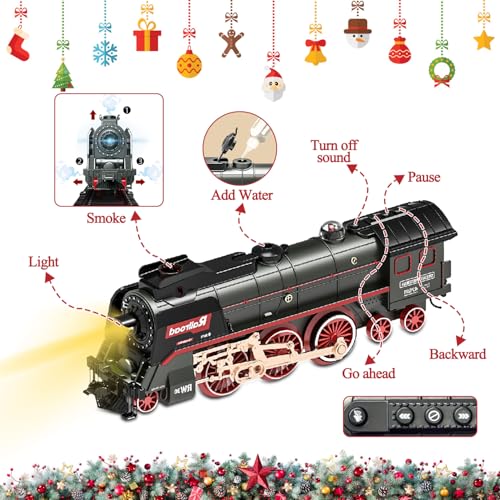 Hitish Train Set for Kids, Electric Train Toys with Realistic Light Sounds Smoke, Christmas Train Model Gifts for Toddlers Boys Girls, Steam Locomotive, Luxury Track & 2 Glowing Passenger Carriages - Image 2