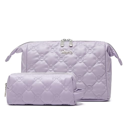 BOYATU Travel Makeup Bag Cosmetic Pouch 2 Pcs Set Waterproof Vegan Leather Cosmetic Bags for Women Cute Quilted Skincare Make up Toiletry Bag for Girl 03Purple - Image 1