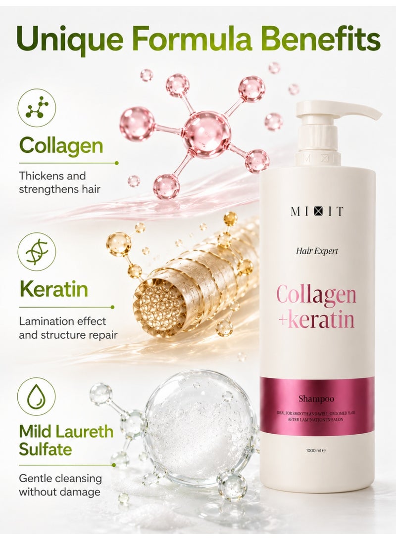 MIXIT Collagen & Keratin Laminating Shampoo for Frizzy Hair, Smoothing Anti-Frizz Shine, 1000ml - Image 2