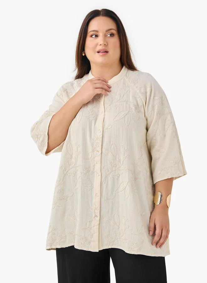 Ulla Popken Plus Size Ulla Popken Embroidered Shirt with 3/4 Sleeves