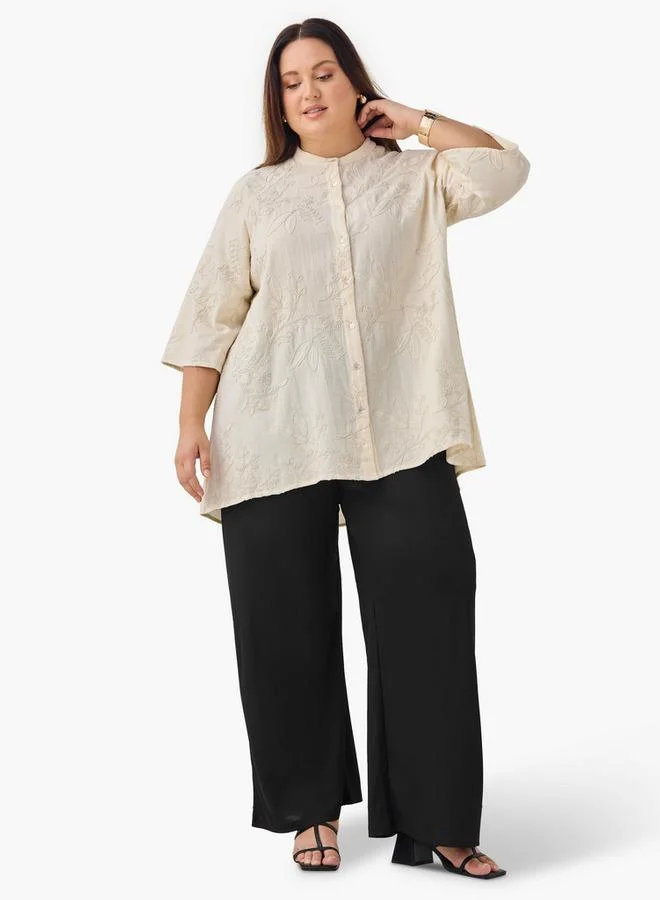 Ulla Popken Plus Size Ulla Popken Embroidered Shirt with 3/4 Sleeves