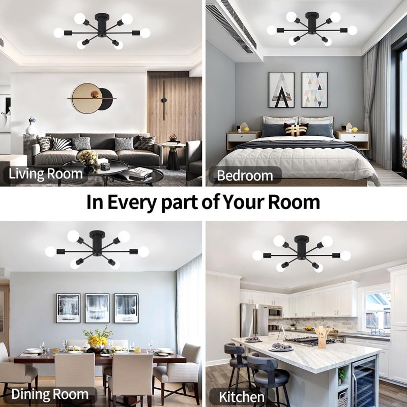 6-Lights Modern Chandelier Ceiling Light Black Industrial Semi Flush Mount Celing Light Fixture for Bedroom Dining Room Kitchen Living Room (Bulbs Not Included) - Image 2