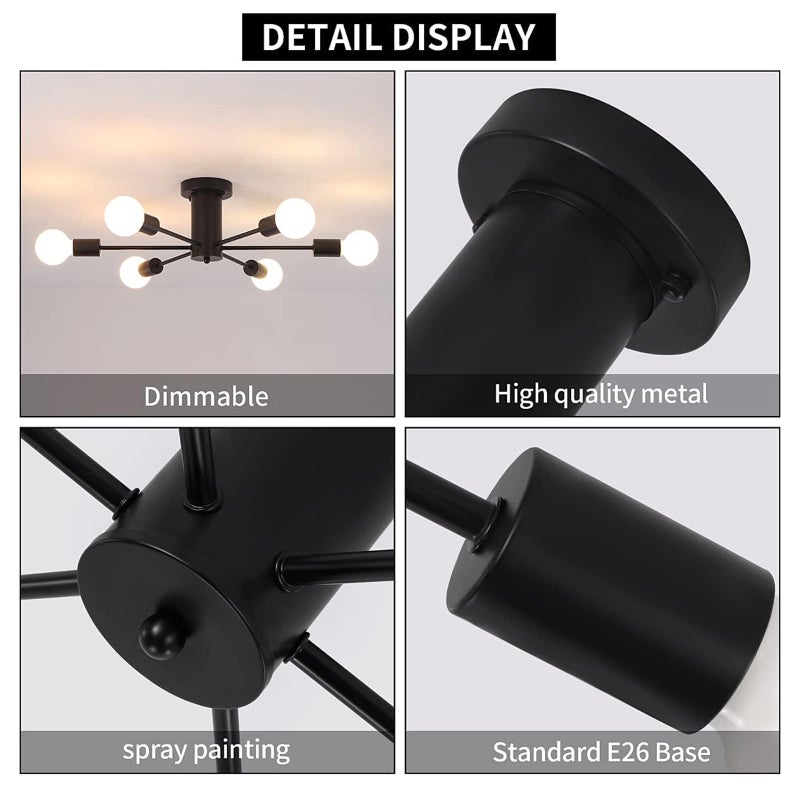 6-Lights Modern Chandelier Ceiling Light Black Industrial Semi Flush Mount Celing Light Fixture for Bedroom Dining Room Kitchen Living Room (Bulbs Not Included) - Image 5