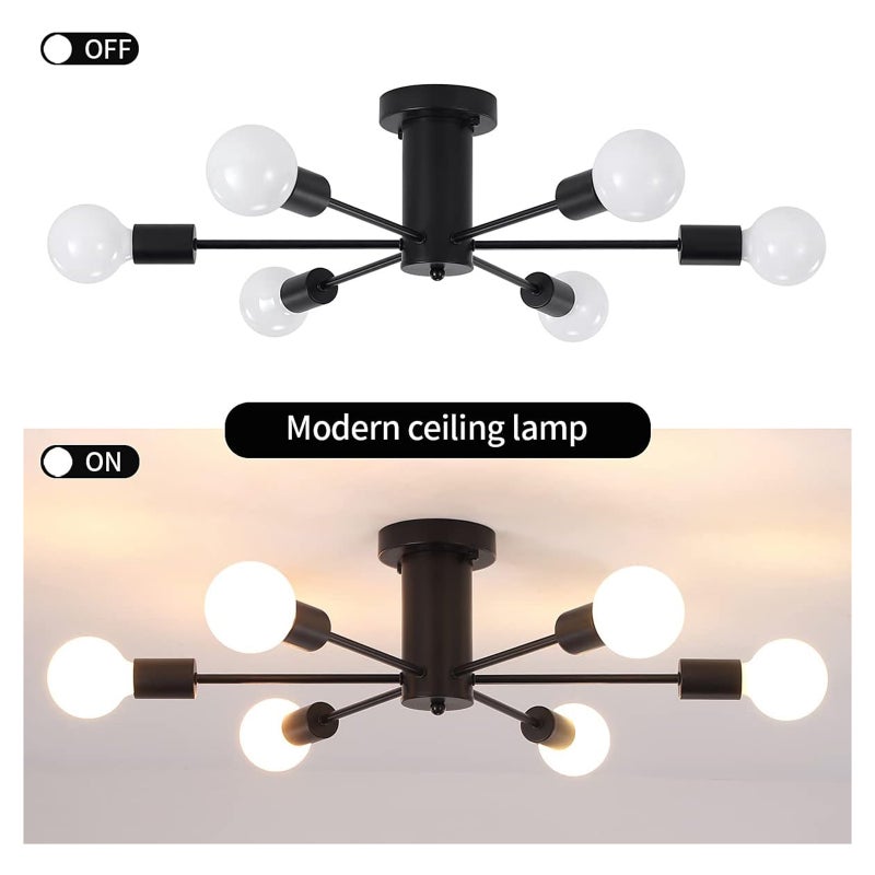6-Lights Modern Chandelier Ceiling Light Black Industrial Semi Flush Mount Celing Light Fixture for Bedroom Dining Room Kitchen Living Room (Bulbs Not Included) - Image 4