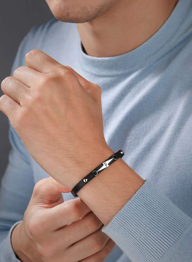 POLICE Strike Black Leather Bracelet Lightning Motif for Bold, Unapologetic Style