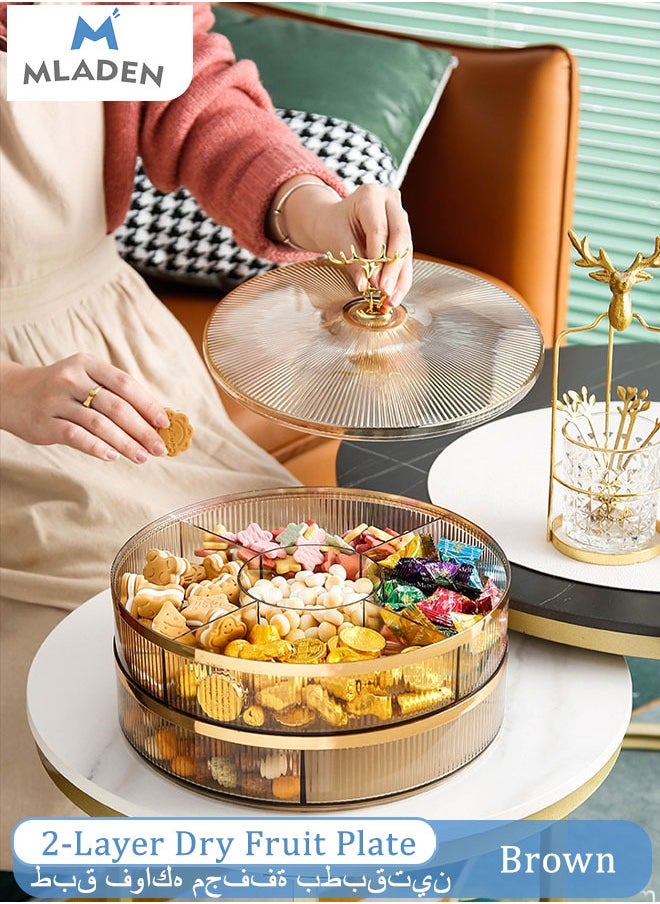 MLADEN - Nut And Candy Serving Tray With Lid Round Plastic Platters Food Storage Container With Elk Handle Candy Plates For Nuts Dried Fruit Snacks (Brown) - Image 1