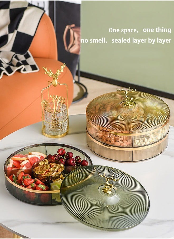 MLADEN - Nut And Candy Serving Tray With Lid Round Plastic Platters Food Storage Container With Elk Handle Candy Plates For Nuts Dried Fruit Snacks (Brown) - Image 1